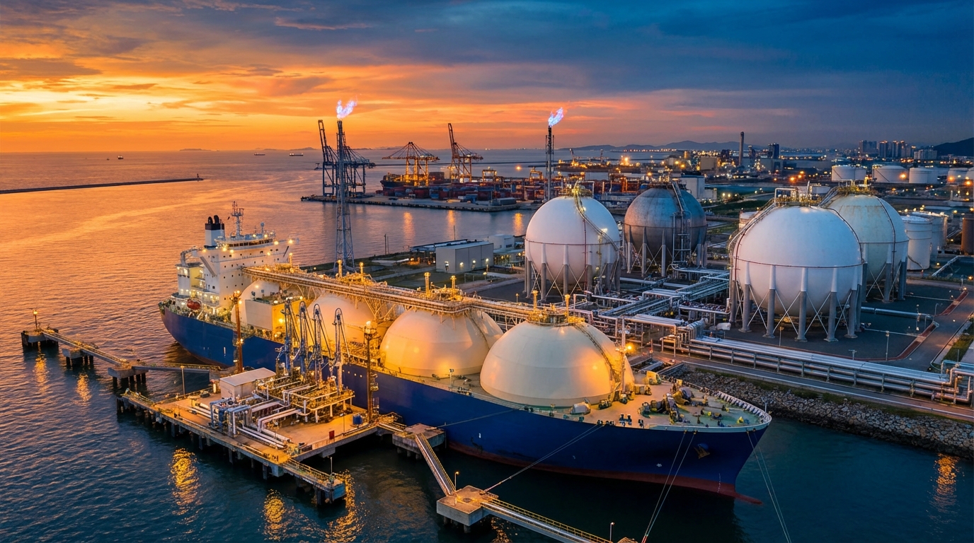 LNG facility at sunset with storage tanks and carrier ship